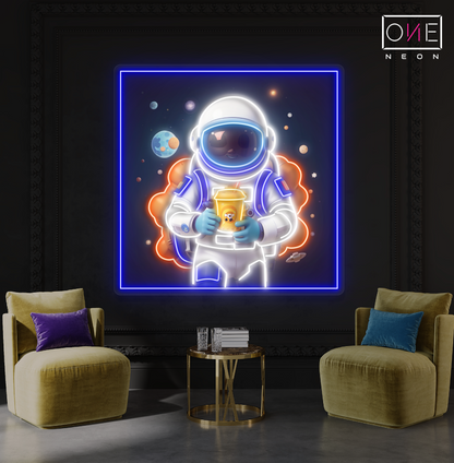 Enseigne néon LED illustrée de thé aux perles d'astronaute