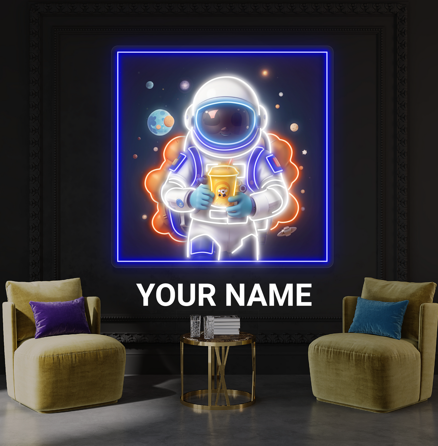 Enseigne néon LED illustrée de thé aux perles d'astronaute