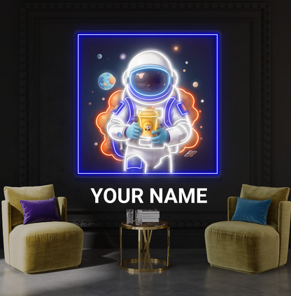 Enseigne néon LED illustrée de thé aux perles d'astronaute