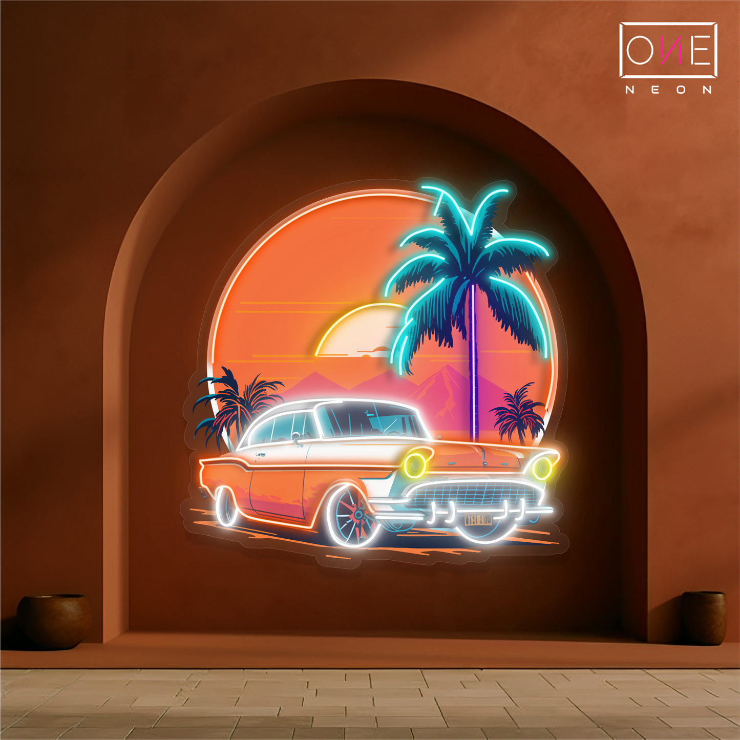 Enseigne néon LED œuvre d'art voiture coucher de soleil