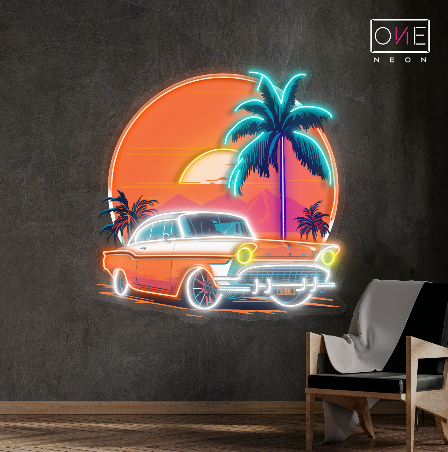 Enseigne néon LED œuvre d'art voiture coucher de soleil