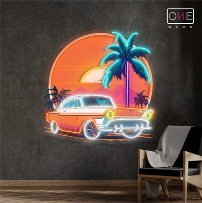 Enseigne néon LED œuvre d'art voiture coucher de soleil
