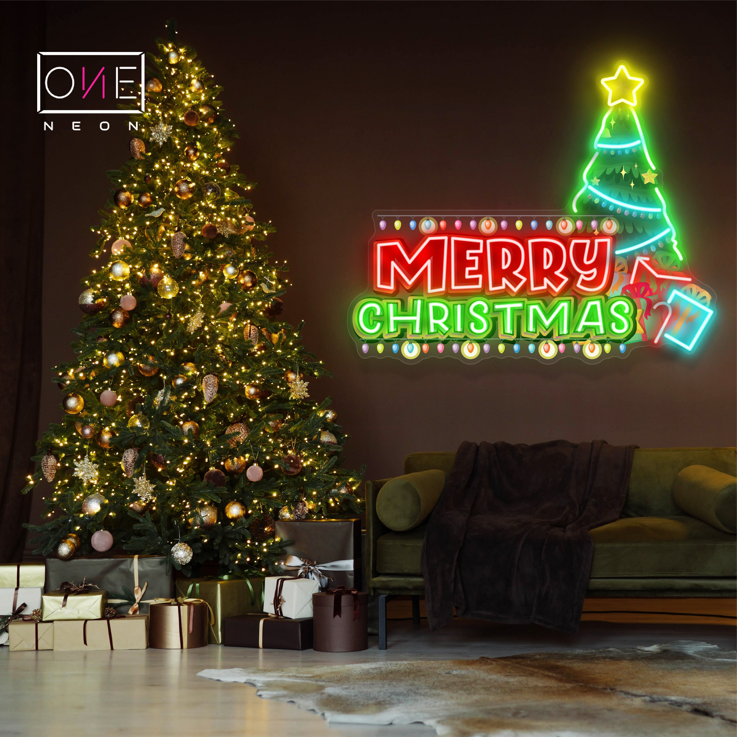 Enseigne néon LED œuvre d'art festive sapin de Noël