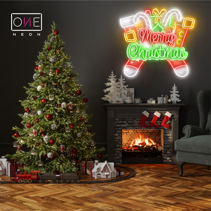 Enseigne néon LED décorative "Merry Christmas Stockings"