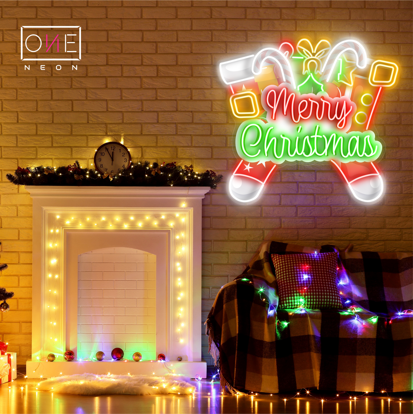 Enseigne néon LED décorative "Merry Christmas Stockings"