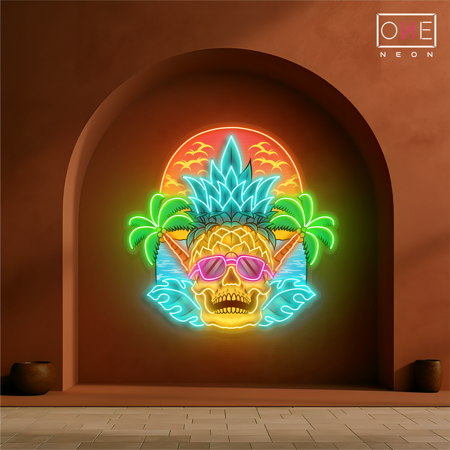 Enseigne néon LED coucher de soleil tête de mort tropicale