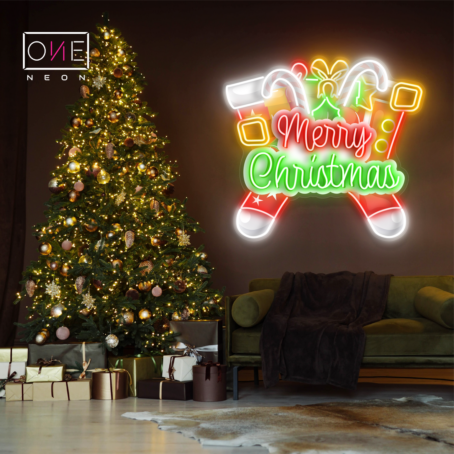 Enseigne néon LED décorative "Merry Christmas Stockings"