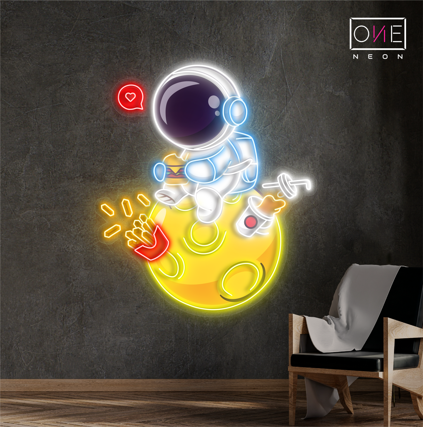 Enseigne néon LED "Astronaute savourant de la nourriture"