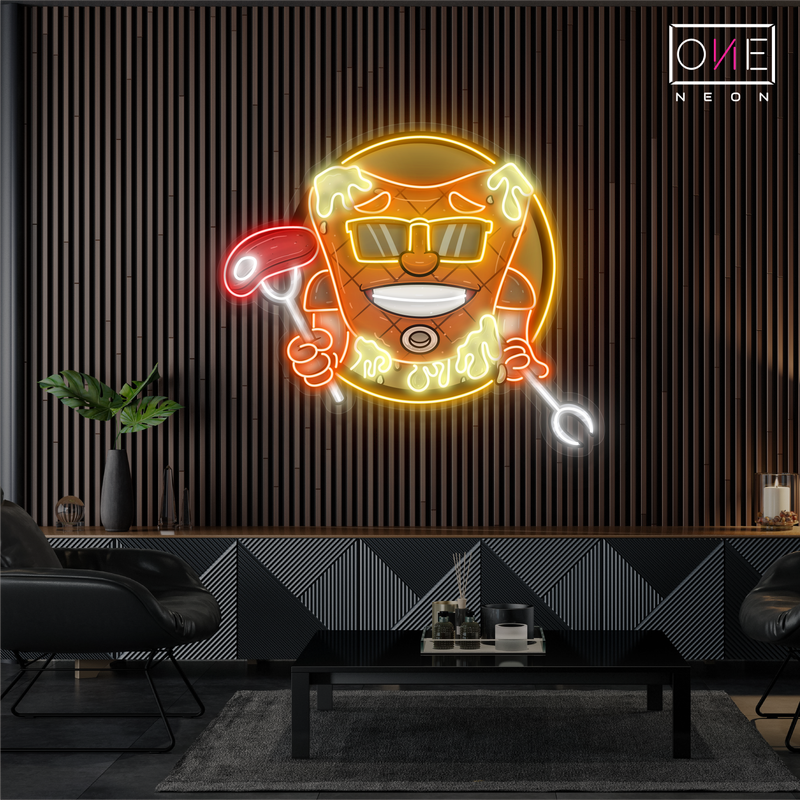 Enseigne néon LED artistique avec mascotte de steak de viande cool