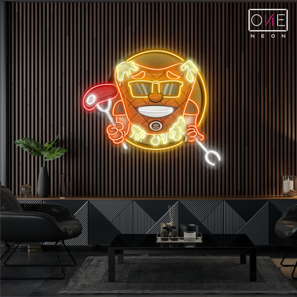 Enseigne néon LED artistique avec mascotte de steak de viande cool