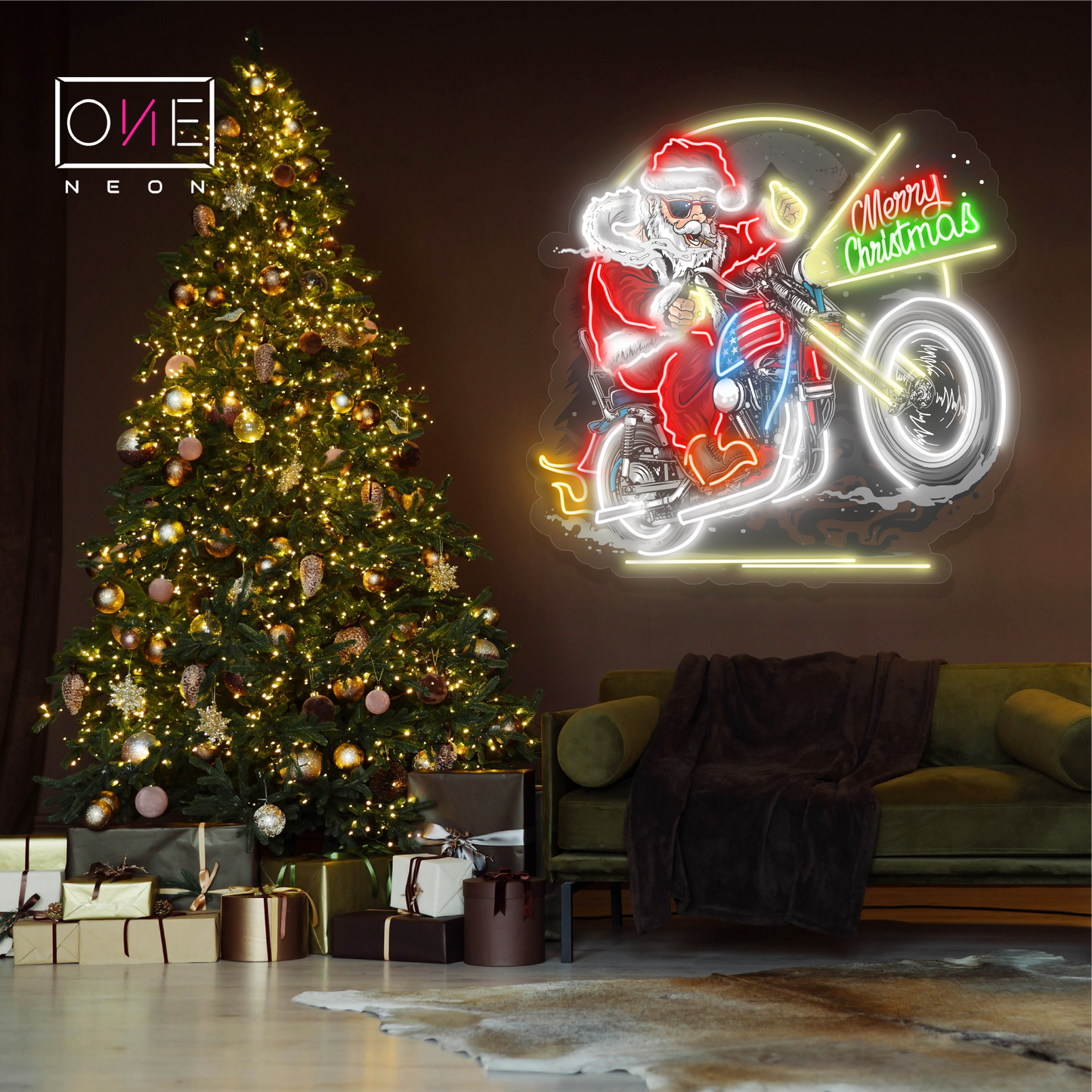 Enseigne néon LED Père Noël Motard Décoration de Noël
