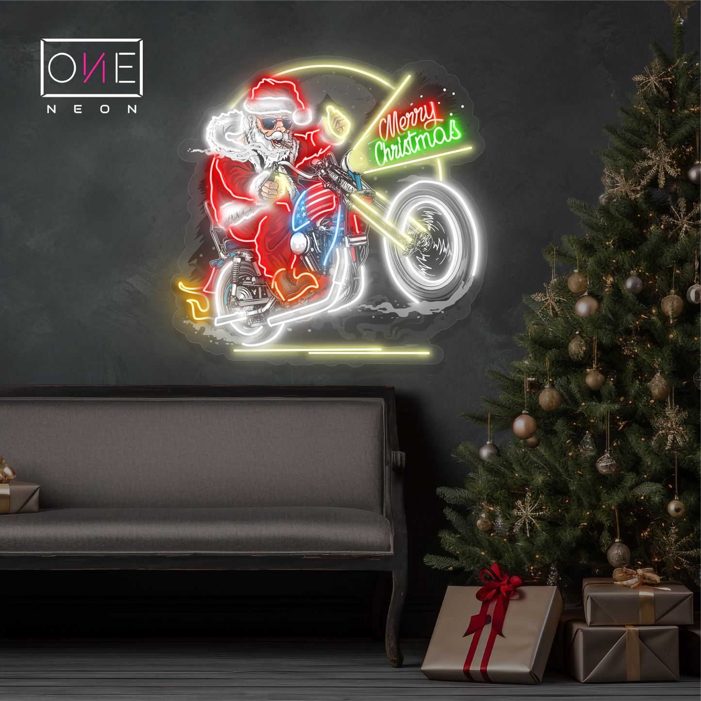 Enseigne néon LED Père Noël Motard Décoration de Noël