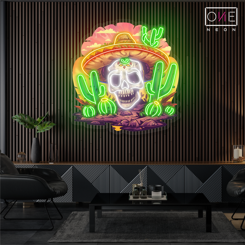 Enseigne néon LED murale crâne mexicain du désert