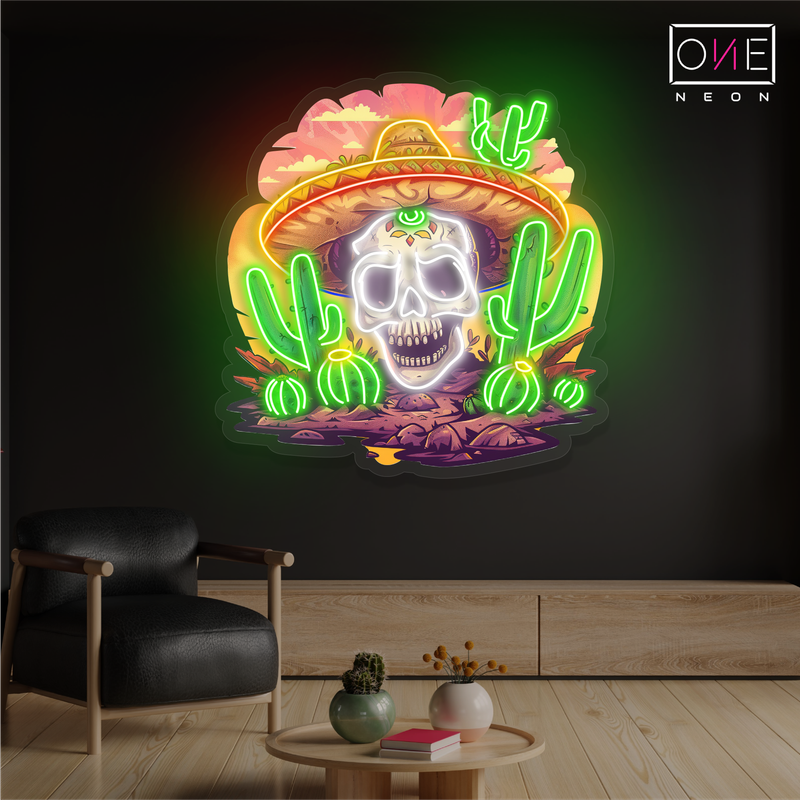 Enseigne néon LED murale crâne mexicain du désert
