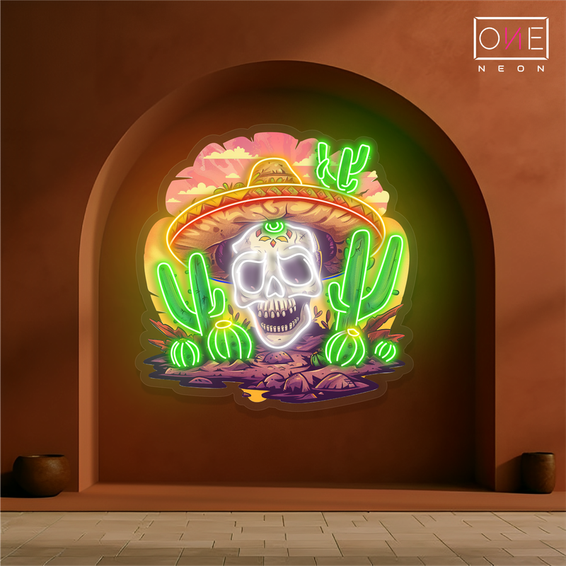 Enseigne néon LED murale crâne mexicain du désert