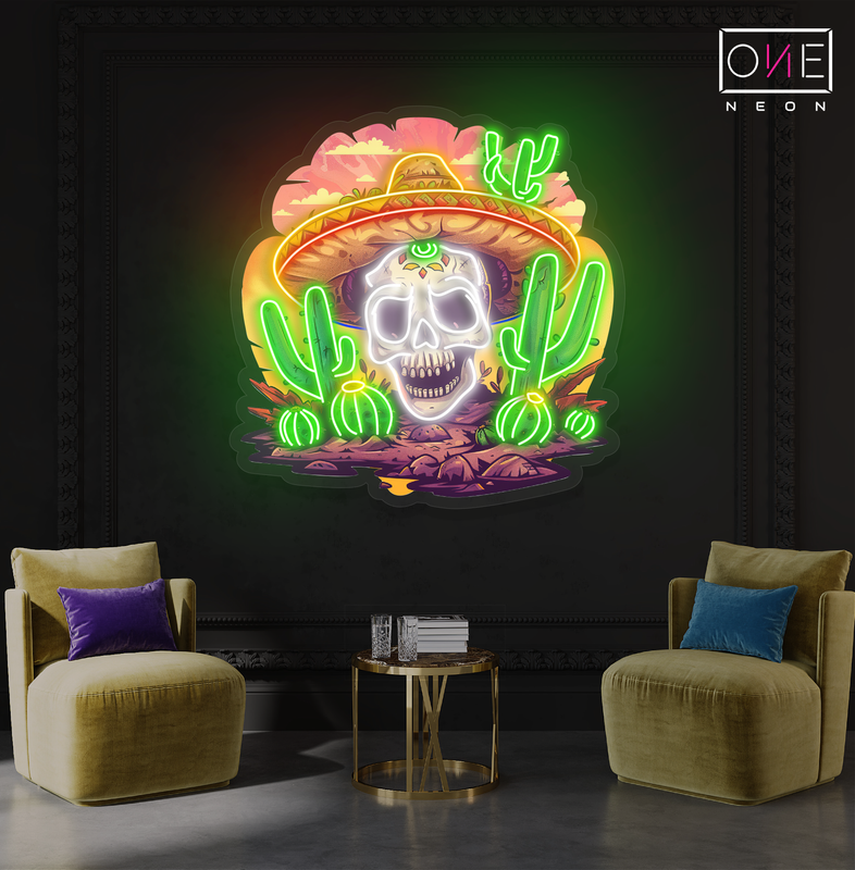 Enseigne néon LED murale crâne mexicain du désert