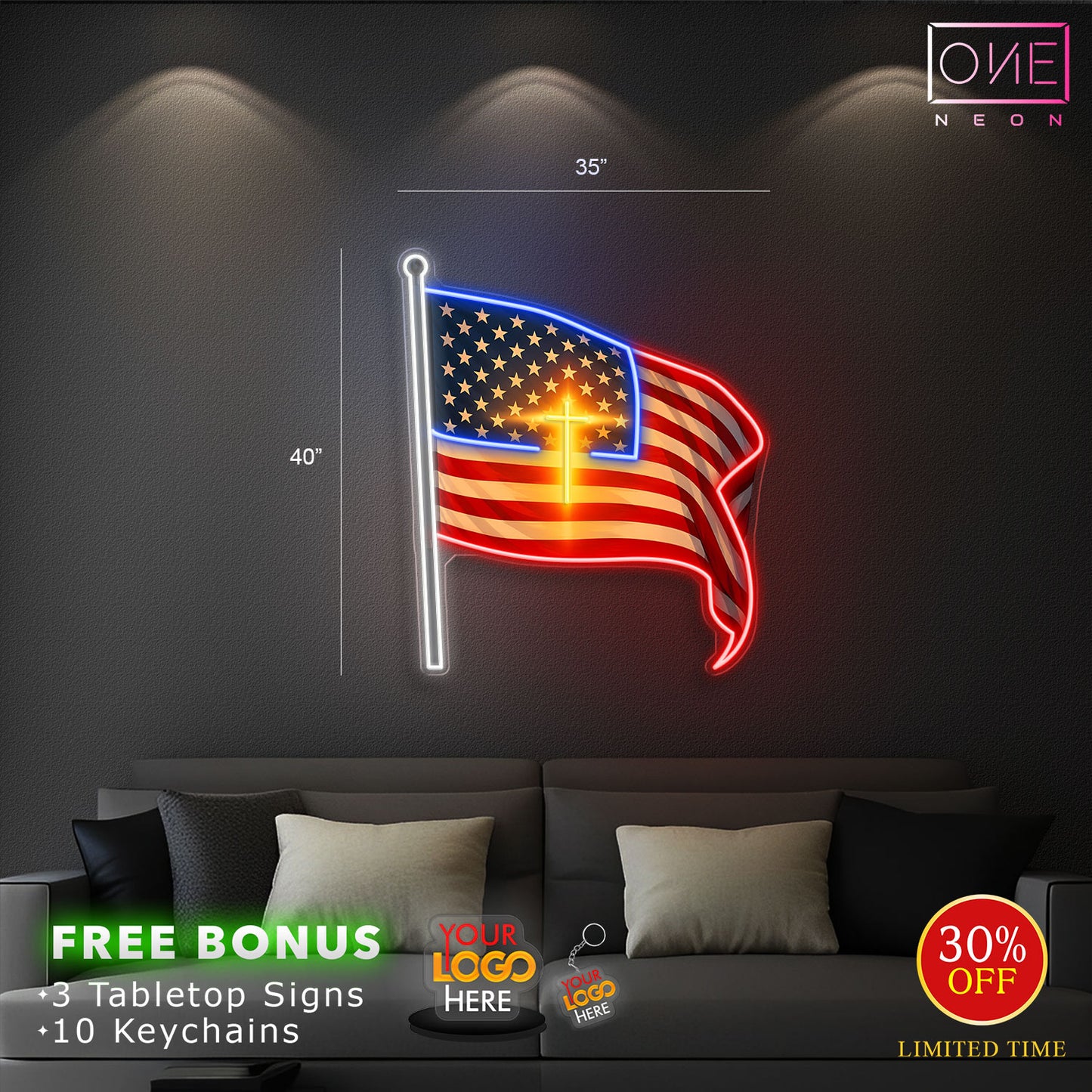 US Flag with Cross | LED Neon Sign