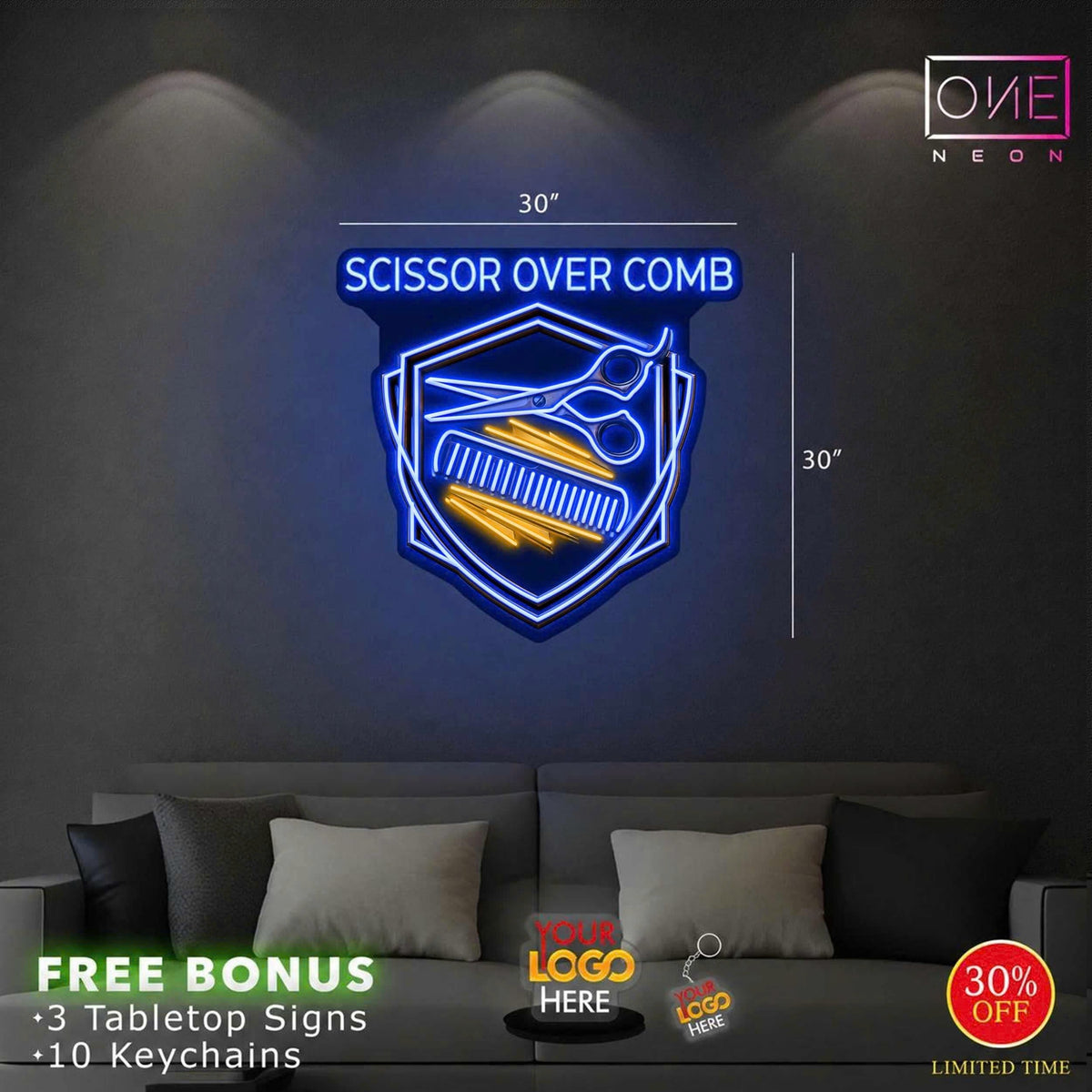 Scissor Over Comb | LED Neon Sign
