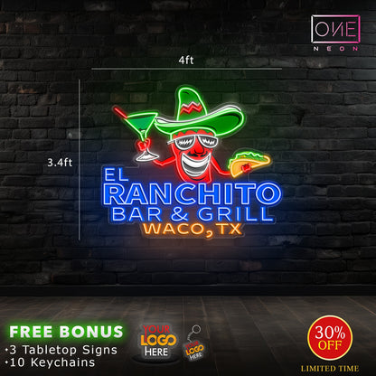 EL RANCHITO BAR & GRILL | 2 LED Neon Sign + 100 KEYCHAINS